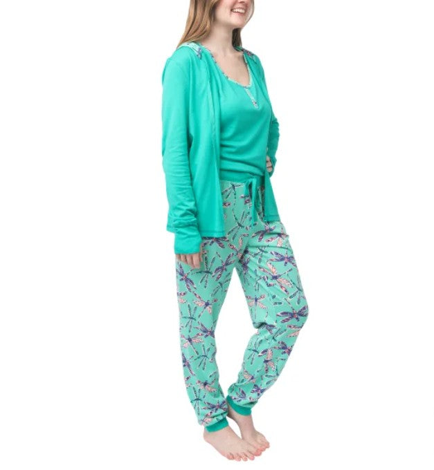 Munki Munki Ladies’ Size Large (10-12) 3 piece Lounge Set, Teal (Dragonflies)