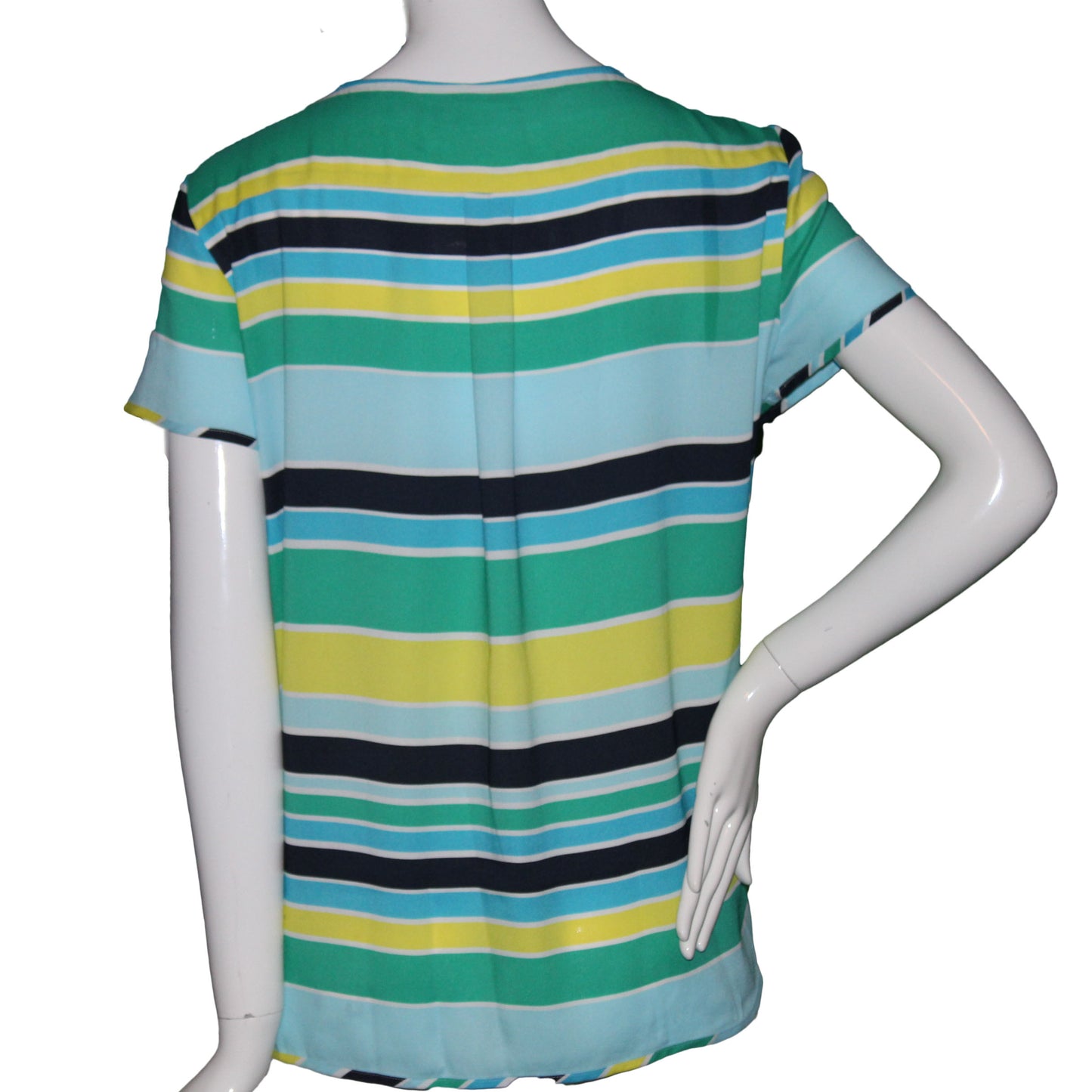 Lands End Women Size 16 Petite, Short Sleeve Crepe Print Tee, Aqua Multi Stripe