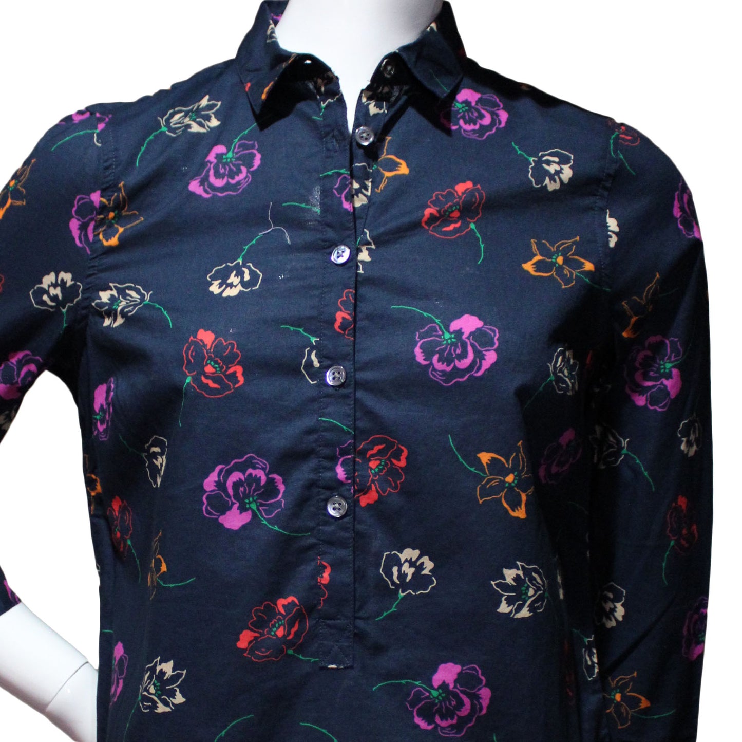 Lands End Women Size 2 Petite Button Down Collared Blouse, Classic Navy Floral
