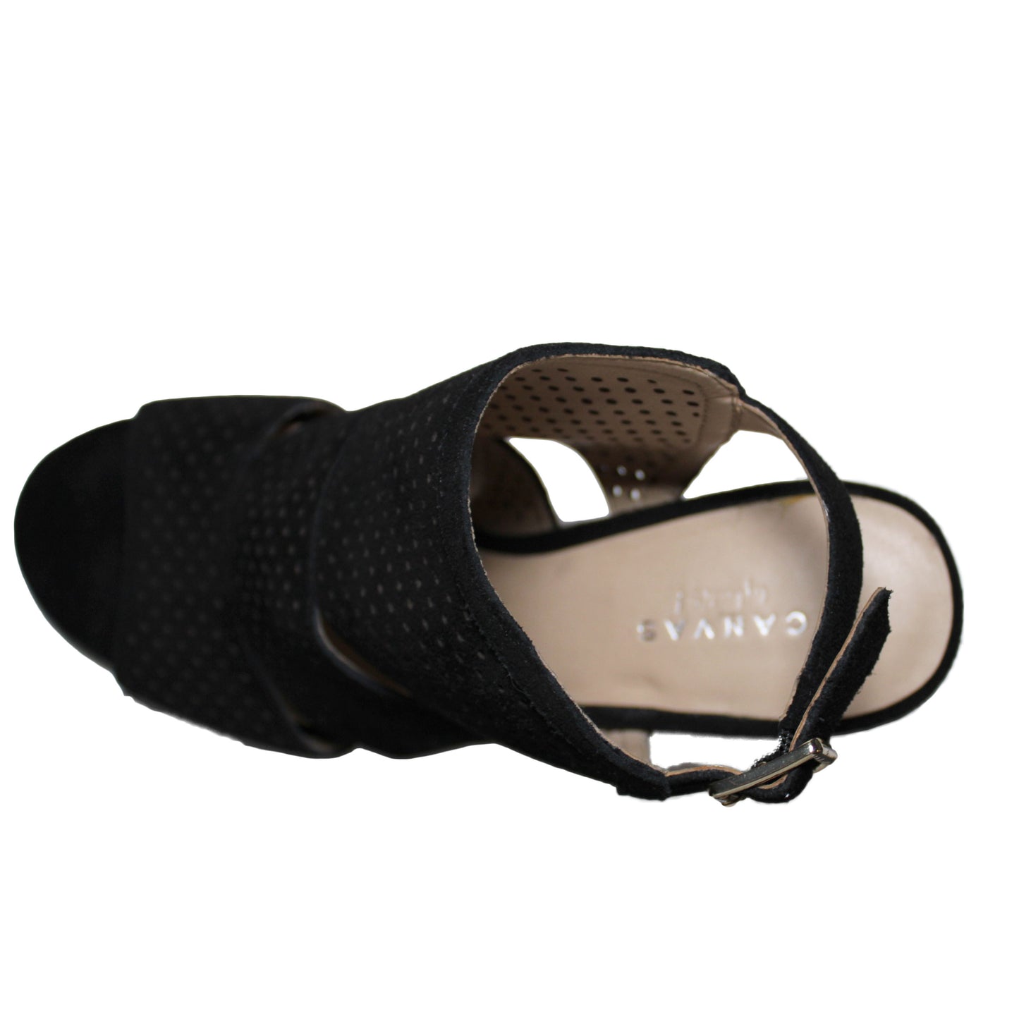 Lands End Women Size 7.5 B, Heeled Perforated Sandal, Black Suede