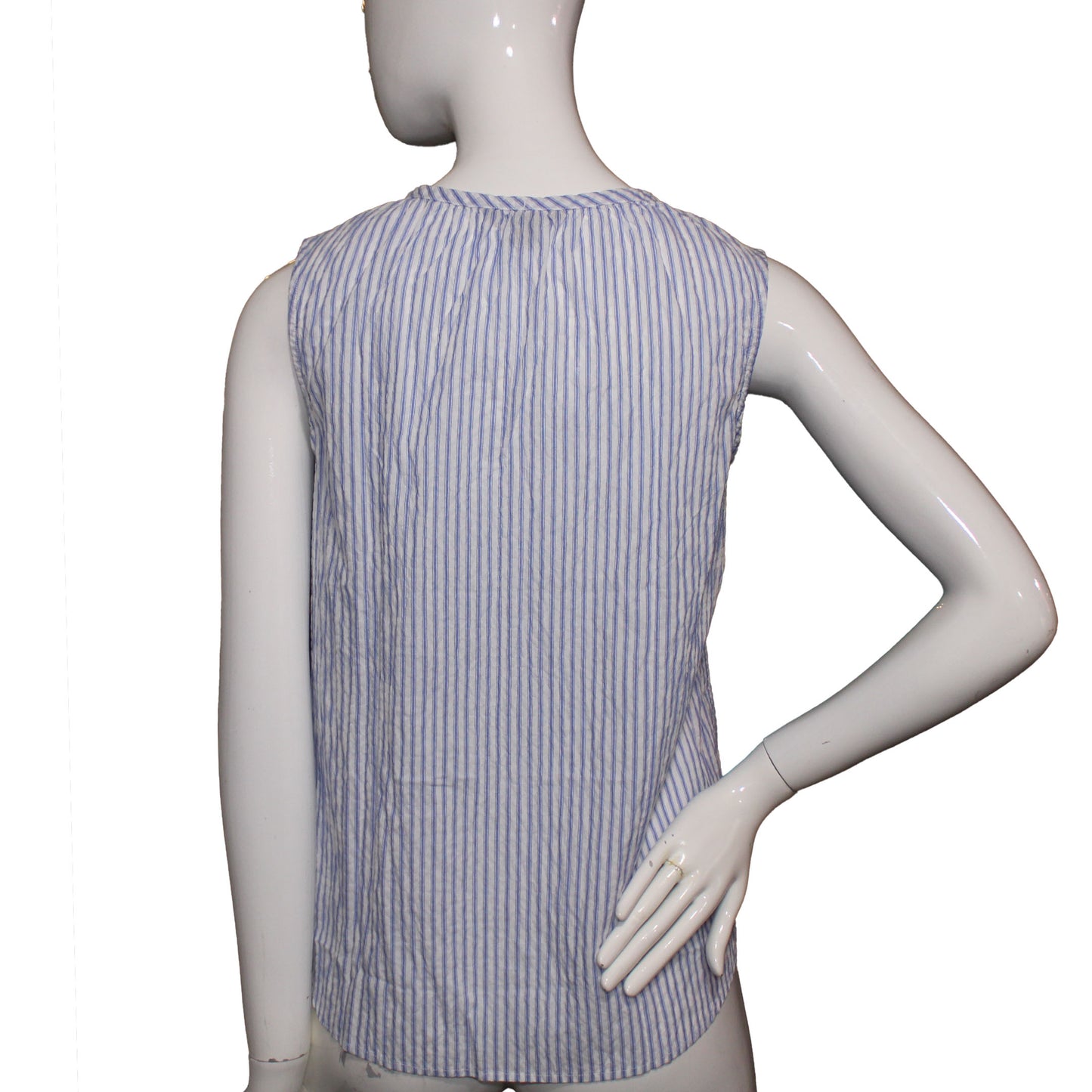 Lands' End Size 14 Petite Sleeveless Seersucker Shell Shirt, Blue Stripe