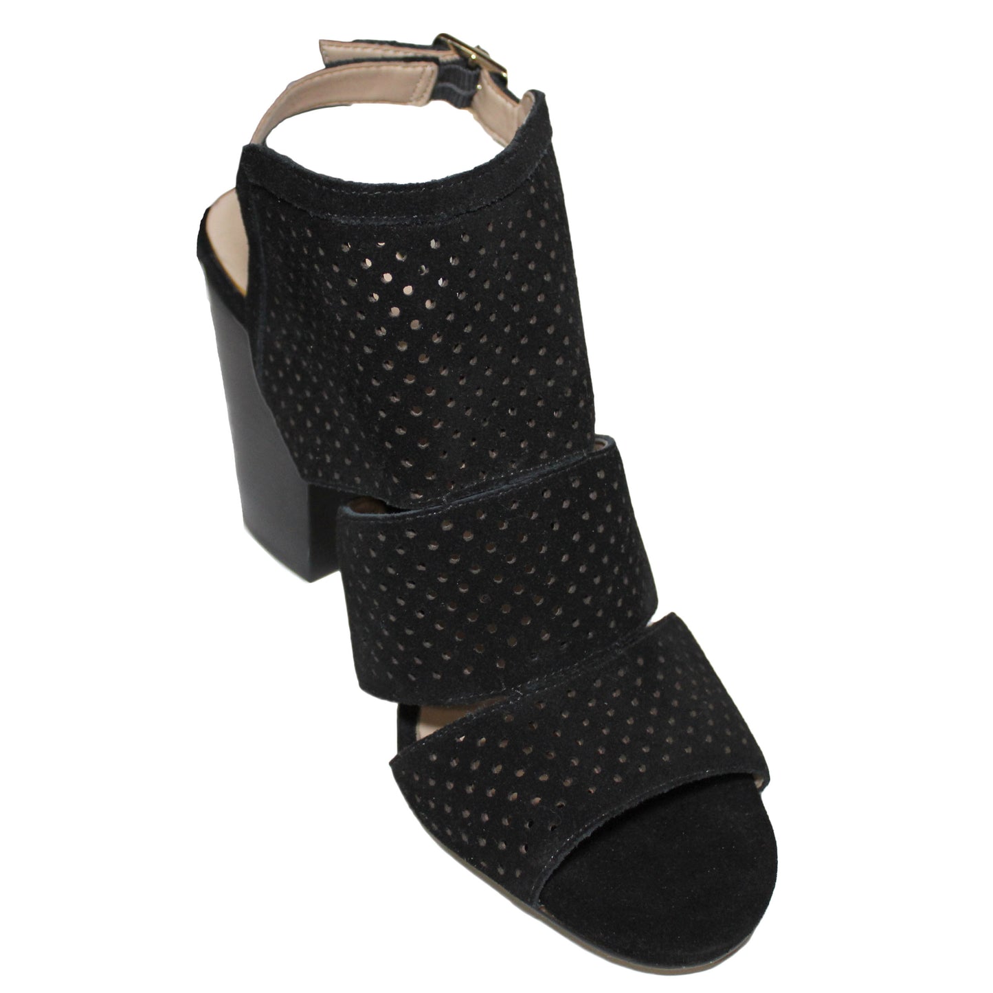 Lands End Women Size 7.5 B, Heeled Perforated Sandal, Black Suede