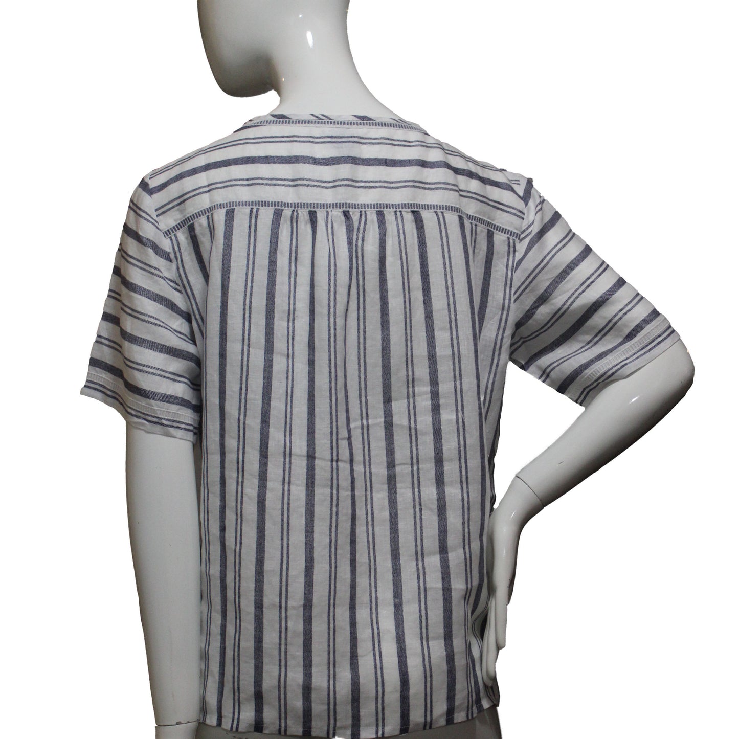 Lands End Women Size 16 Petite Short Sleeve Linen Blouse, Indigo Blue Stripes
