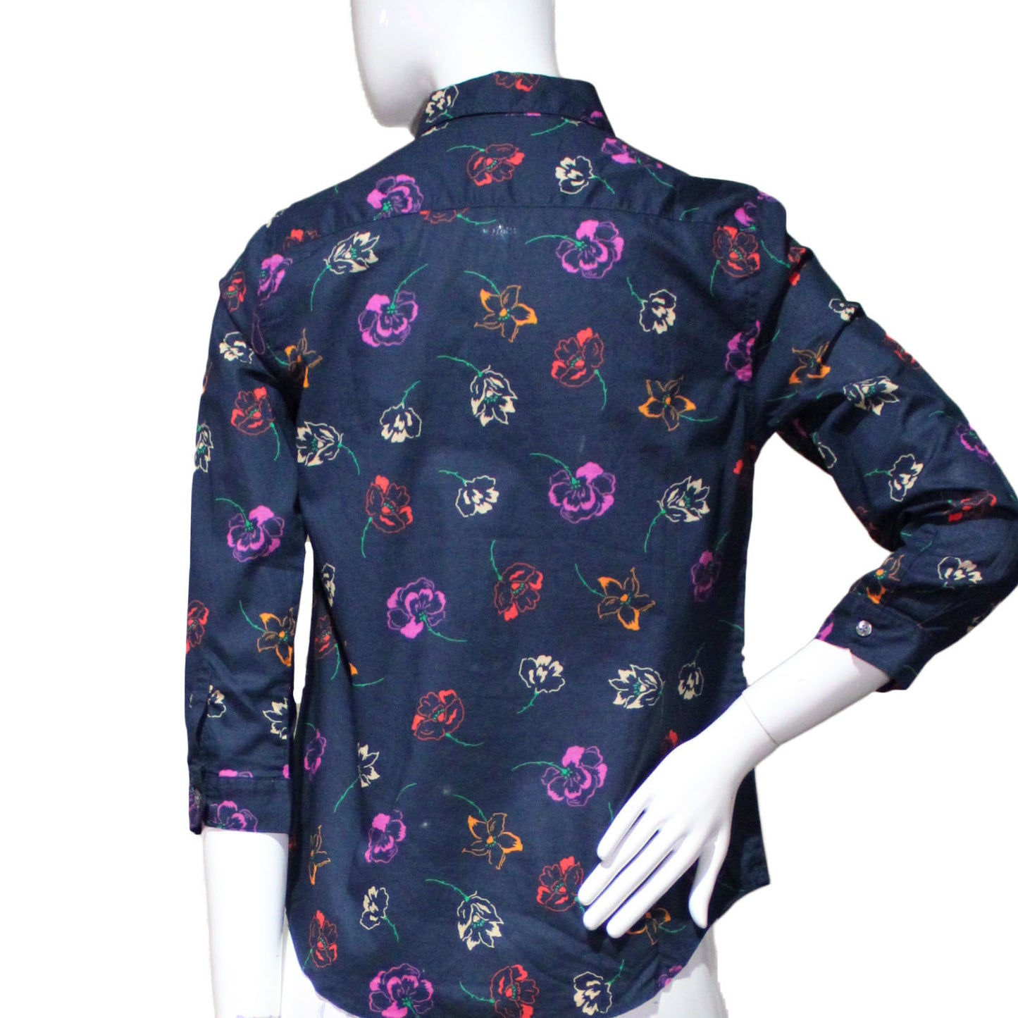 Lands End Women Size 2 Petite Button Down Collared Blouse, Classic Navy Floral