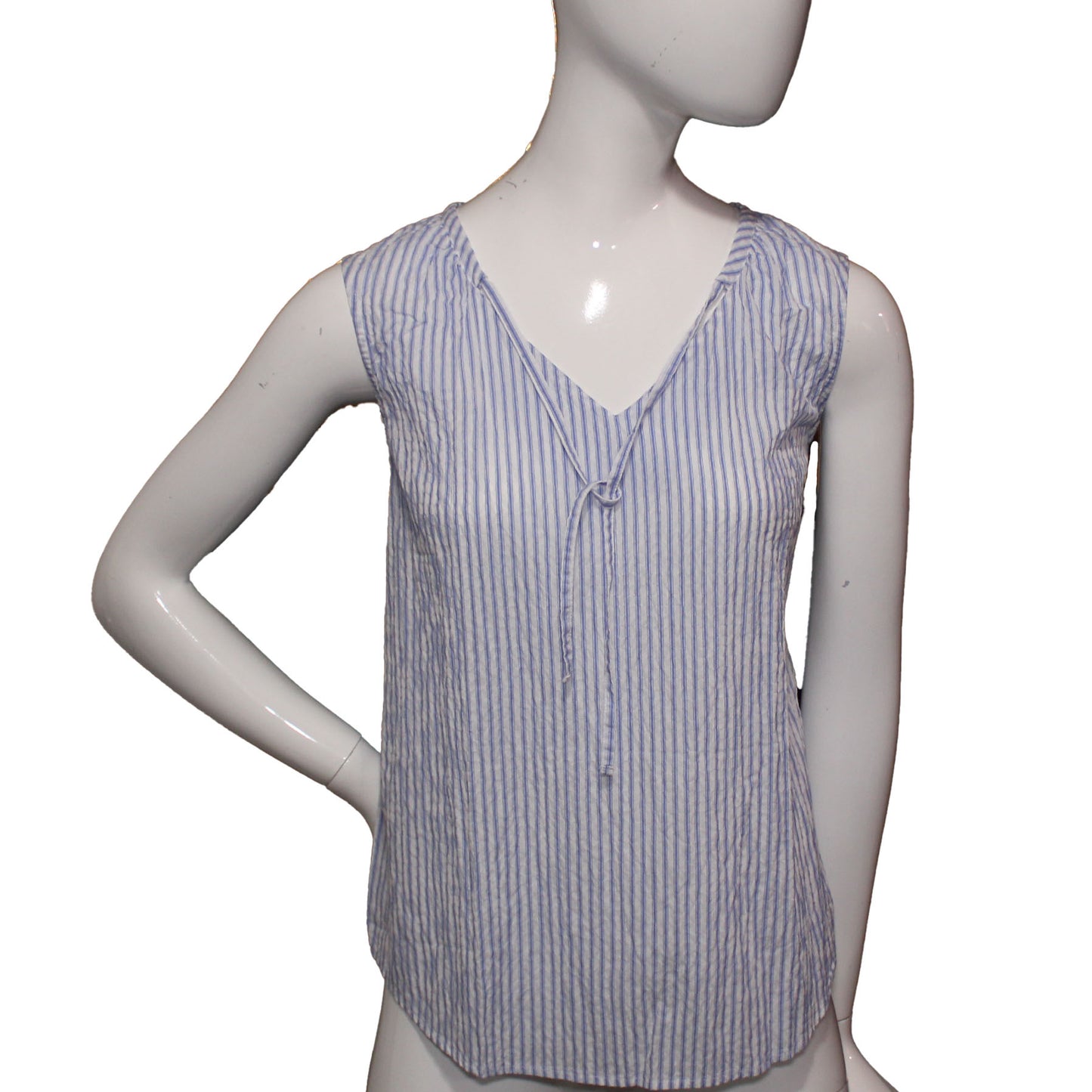 Lands' End Size 14 Petite Sleeveless Seersucker Shell Shirt, Blue Stripe