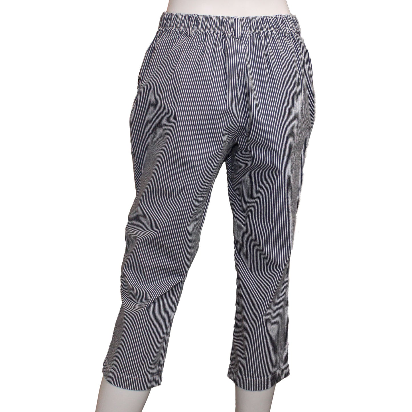 Lands' End Women's Size 4 Petite, Elastic Waist Crop Pants, Navy Blue Stripe