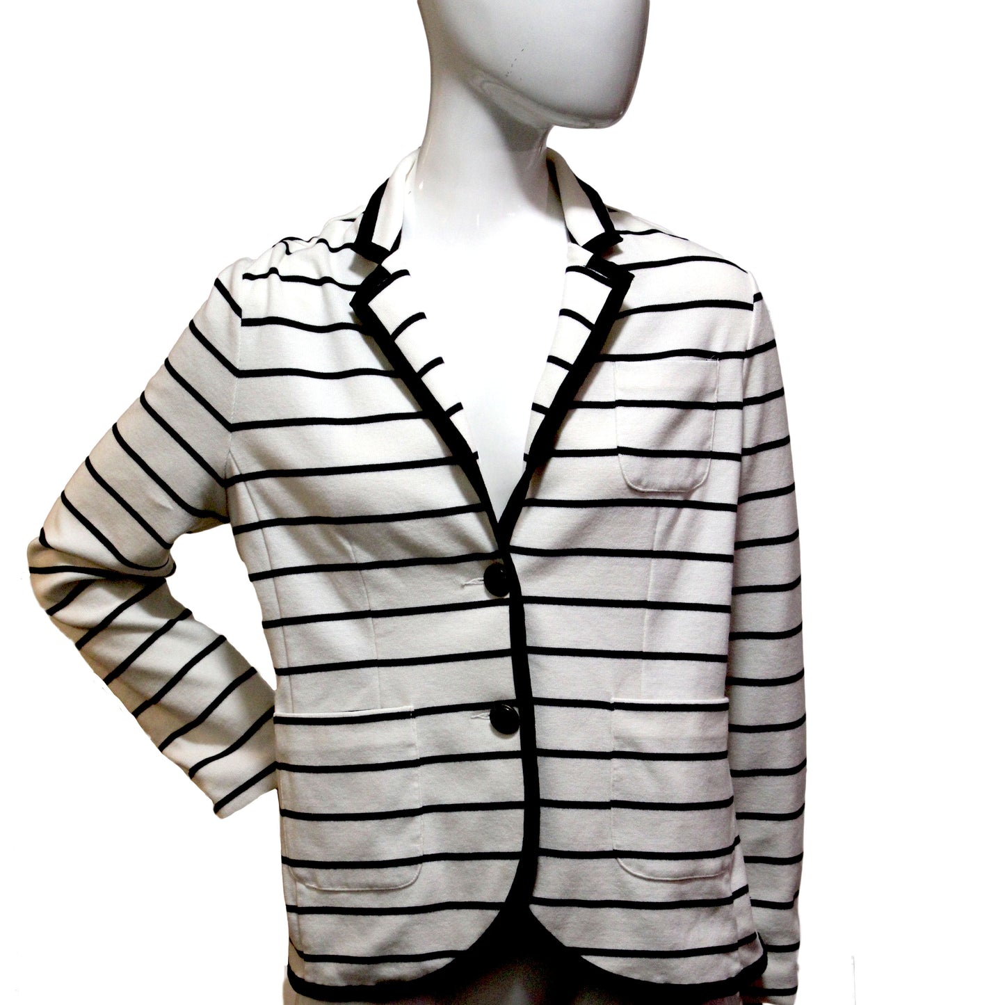 Lands End Double Knit Jacket, Women's Size 12 Petite, Ivory-Navy Stripe
