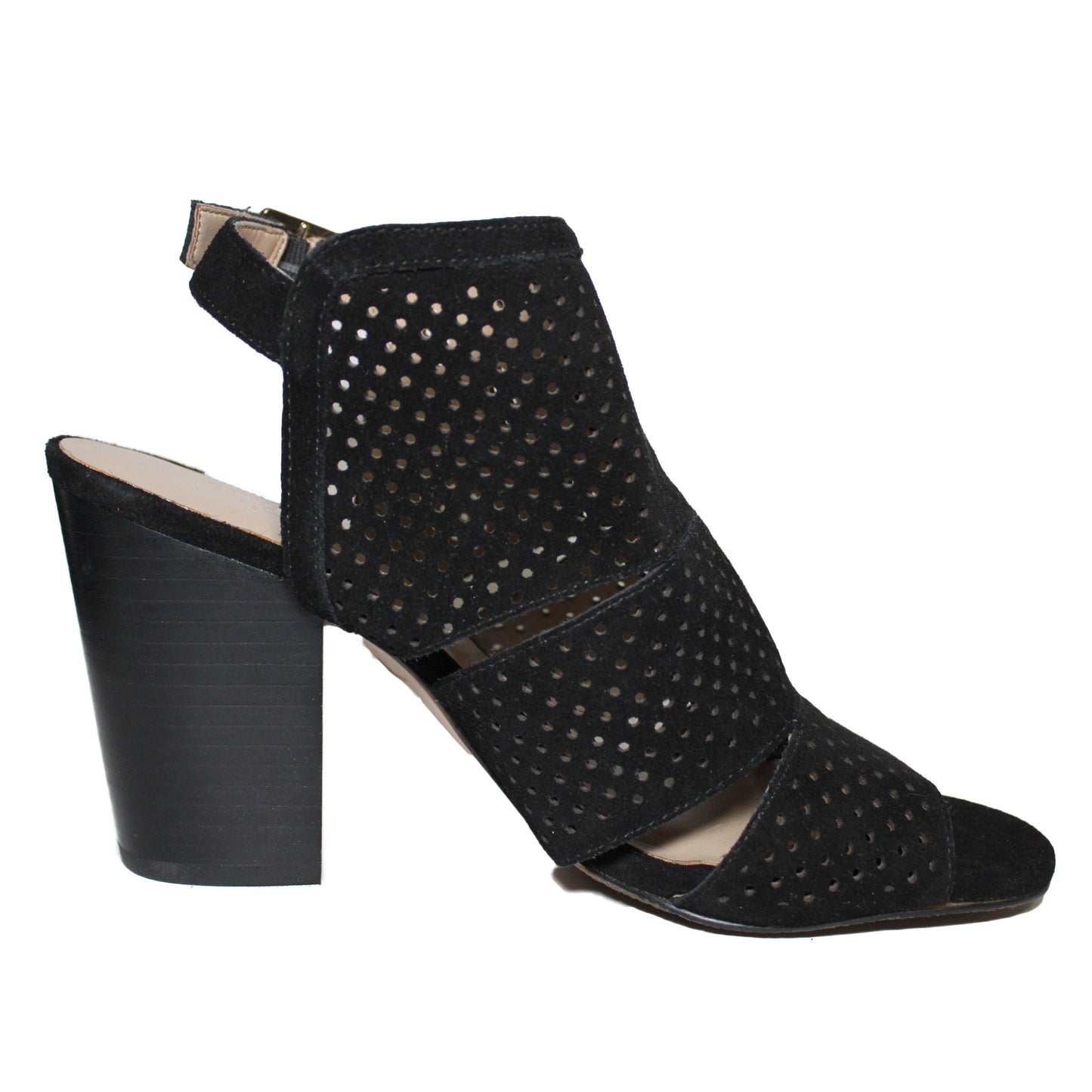 Lands End Women Size 7.5 B, Heeled Perforated Sandal, Black Suede