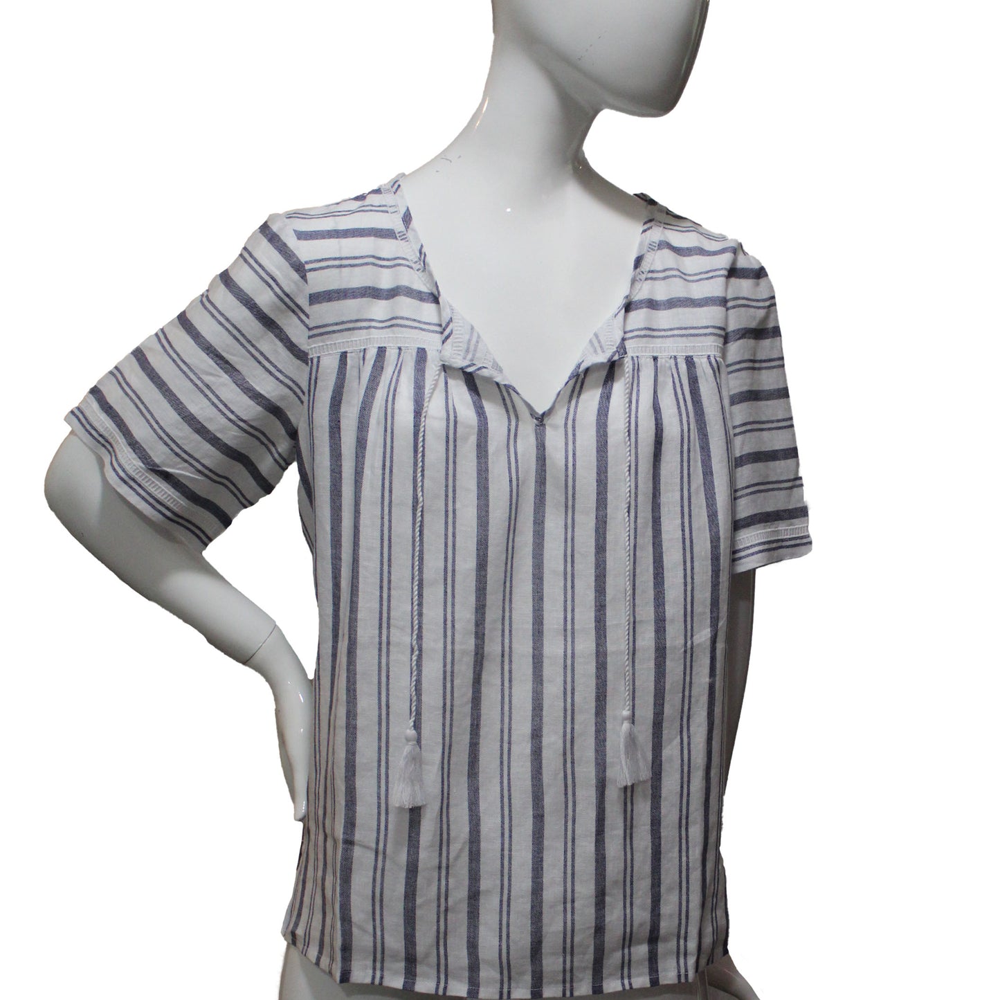 Lands End Women Size 16 Petite Short Sleeve Linen Blouse, Indigo Blue Stripes