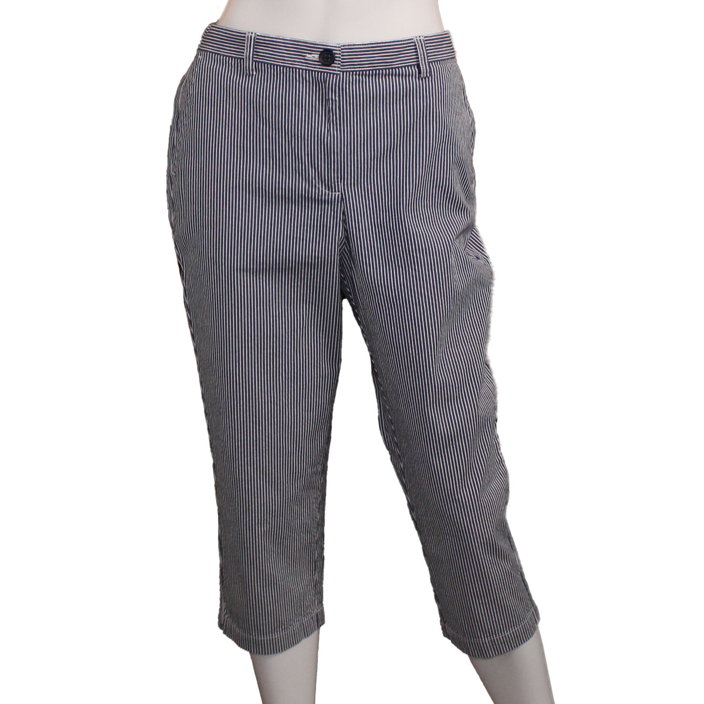 Lands' End Women's Size 4 Petite, Elastic Waist Crop Pants, Navy Blue Stripe