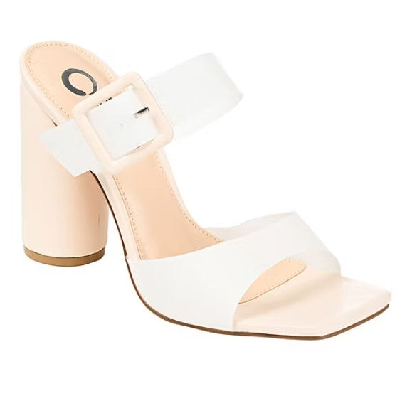 Journee Women's Size 8, Luca High Block Heel Vinyl Strap Sandals, Off White
