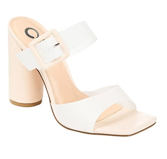 Journee Women's Size 8, Luca High Block Heel Vinyl Strap Sandals, Off White