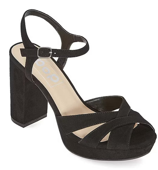 Pop Women's Size 8, Garcelle Heeled Platform Sandals, Faux Suede Black NO BOX