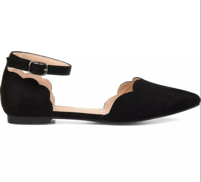 Journee Women's Size 11, Lana Scalloped Edge Ankle Strap Flats, Black Microsuede