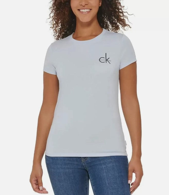 Calvin Klein Jeans Ladies' Size Large Short Sleeve Logo Tee, Light Blue, Customer Return