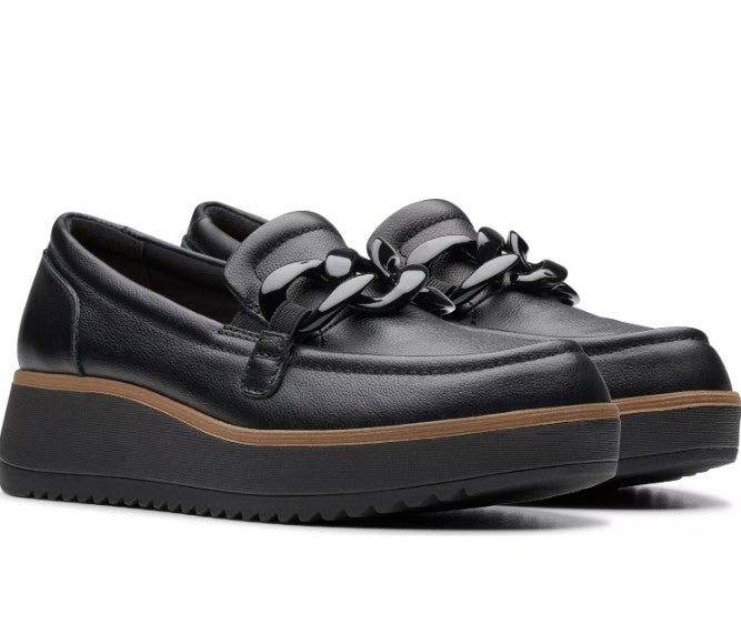 Clarks Women's Size 7 Wide, Zylah May Comfort Shoe Wedge Loafers, Black Leather