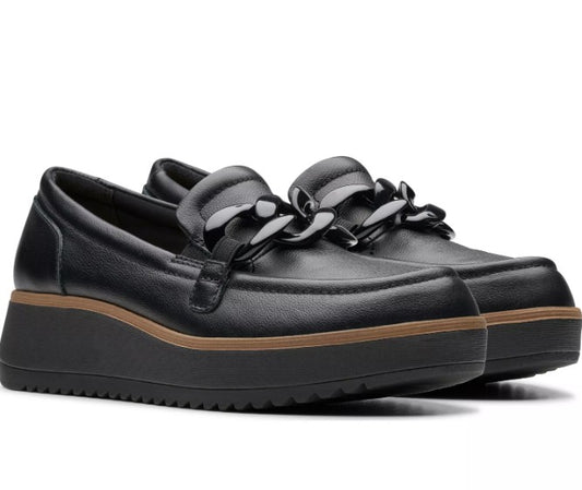 Clarks Women's Size 7 Wide, Zylah May Comfort Shoe Wedge Loafers, Black Leather