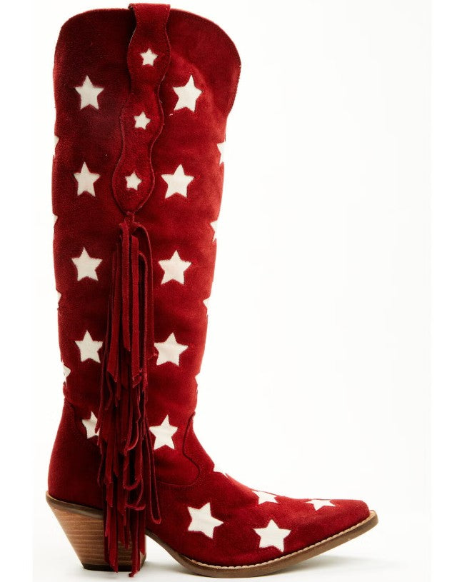 Dingo Women Size 9 M, Super Star Tall Suede Western Fringe Boots, Red Stars