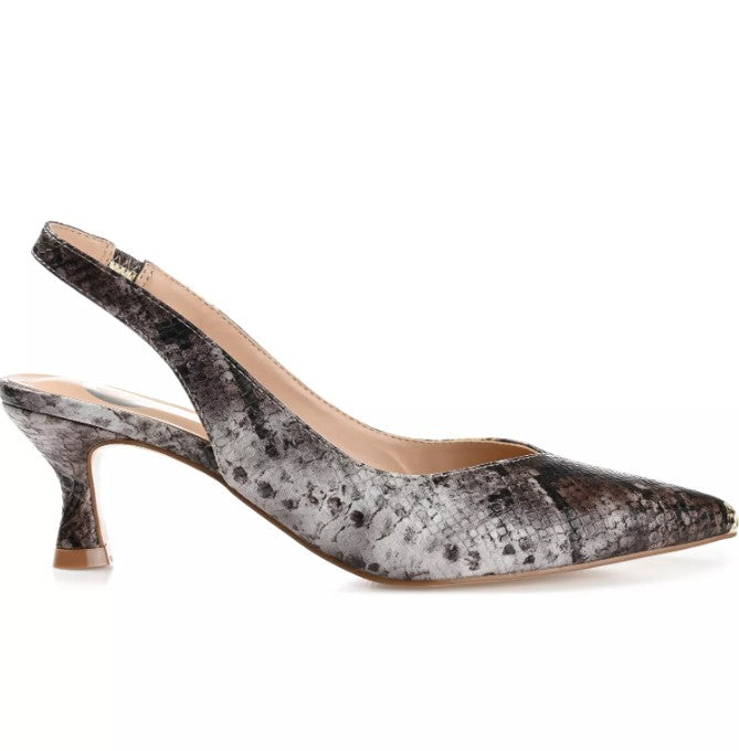 Journee Women Size 8.5 W, Mikoa Slingback Pointed Toe Kitten Heels, Brown Snake