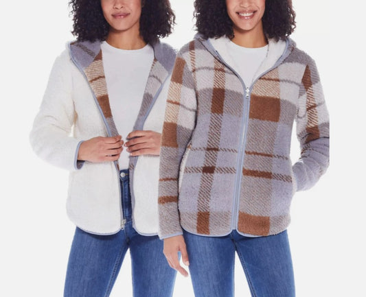 Weatherproof Women Size Large (12/14) Reversible Plush Hooded Jacket, Blue/Brown