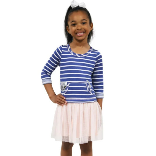 Zunie Girls' Size 4, 3/4 Sleeve Dropwaist Tutu Dress, Blue Kitty Cat