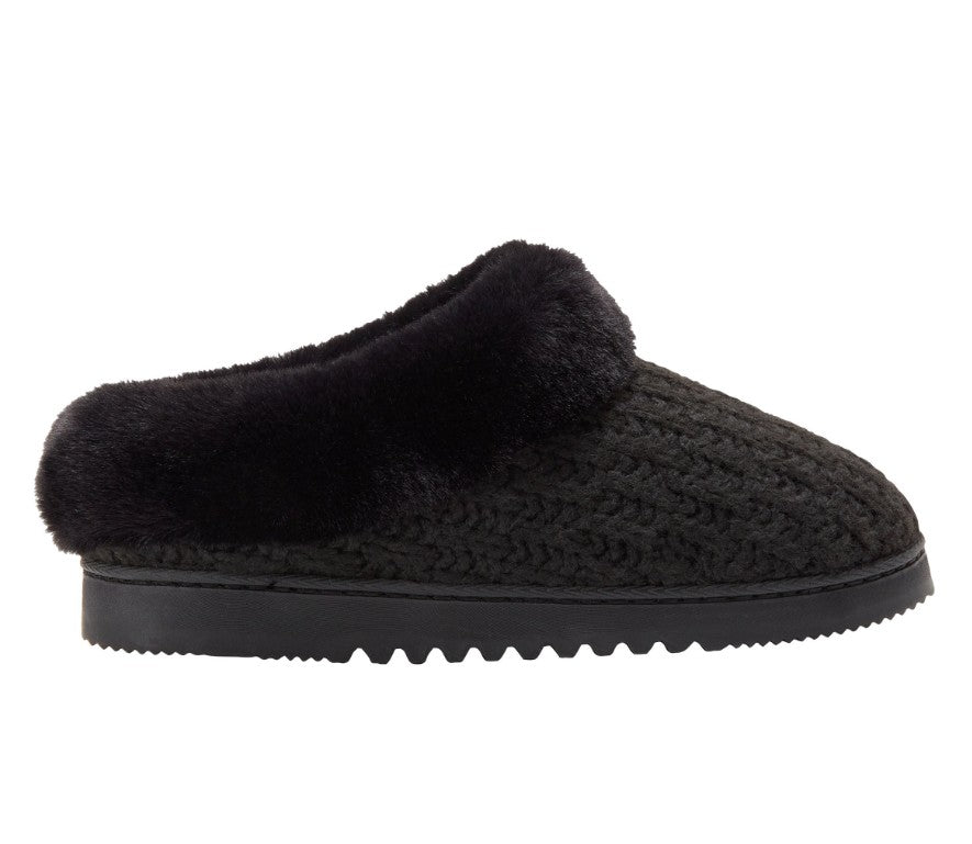 Dearfoams Ladies Medium (7/8), Memory Foam Cozy Knit Slippers, Black, Grade A