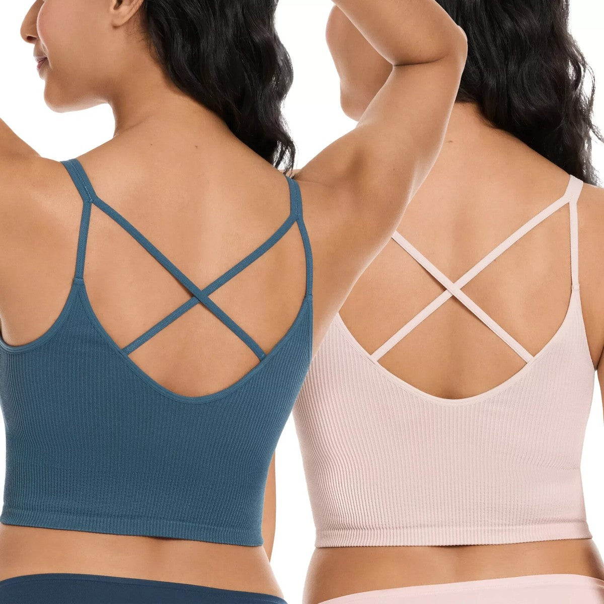 Lemon Women's Size Medium, Ribbed Longline Bras, 2-PACK - Blue (1) Pink (1)