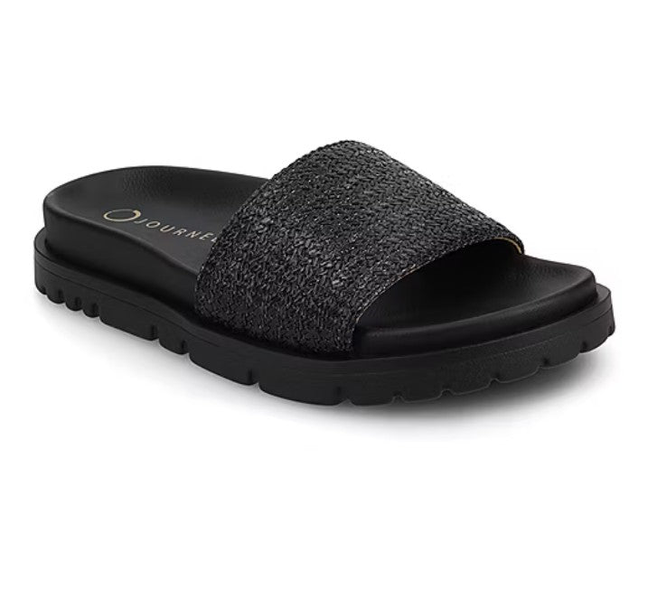 Journee Collection Women's Size 6, Starr Flat Slide Slip on Sandals, Black