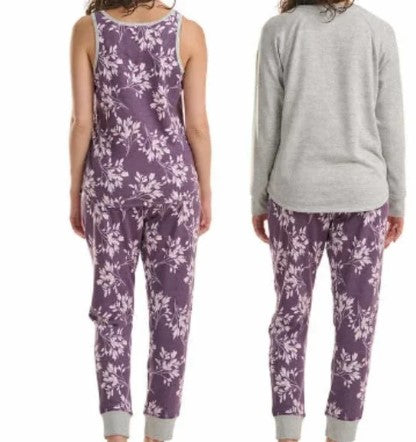 Live Love Lounge Ladies' Medium (8-10), 3-Pc Set PJs, Gray / Plum Floral