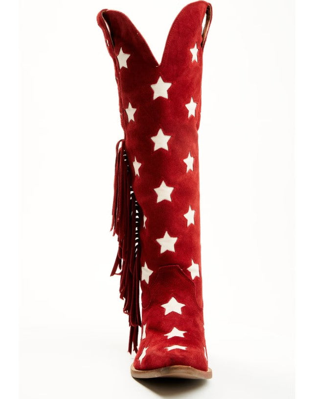 Dingo Women Size 9 M, Super Star Tall Suede Western Fringe Boots, Red Stars