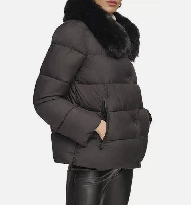 DKNY Ladies Size Large (10) Short Puffer Jacket Removable Faux Fur Collar, Black