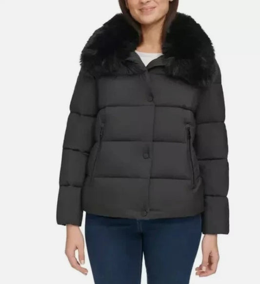 DKNY Ladies Size Large (10) Short Puffer Jacket Removable Faux Fur Collar, Black
