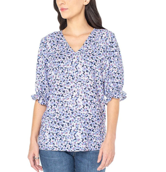 Well Worn Ladies' Plus Size 2X V-Neck Blouse, Blue Print, Customer Return