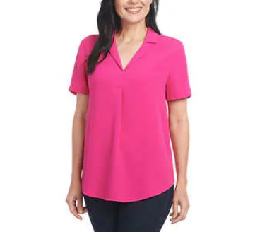 Hilary Radley Ladies' Size Medium (8-10) Short Sleeve V-Neck Blouse, Pink