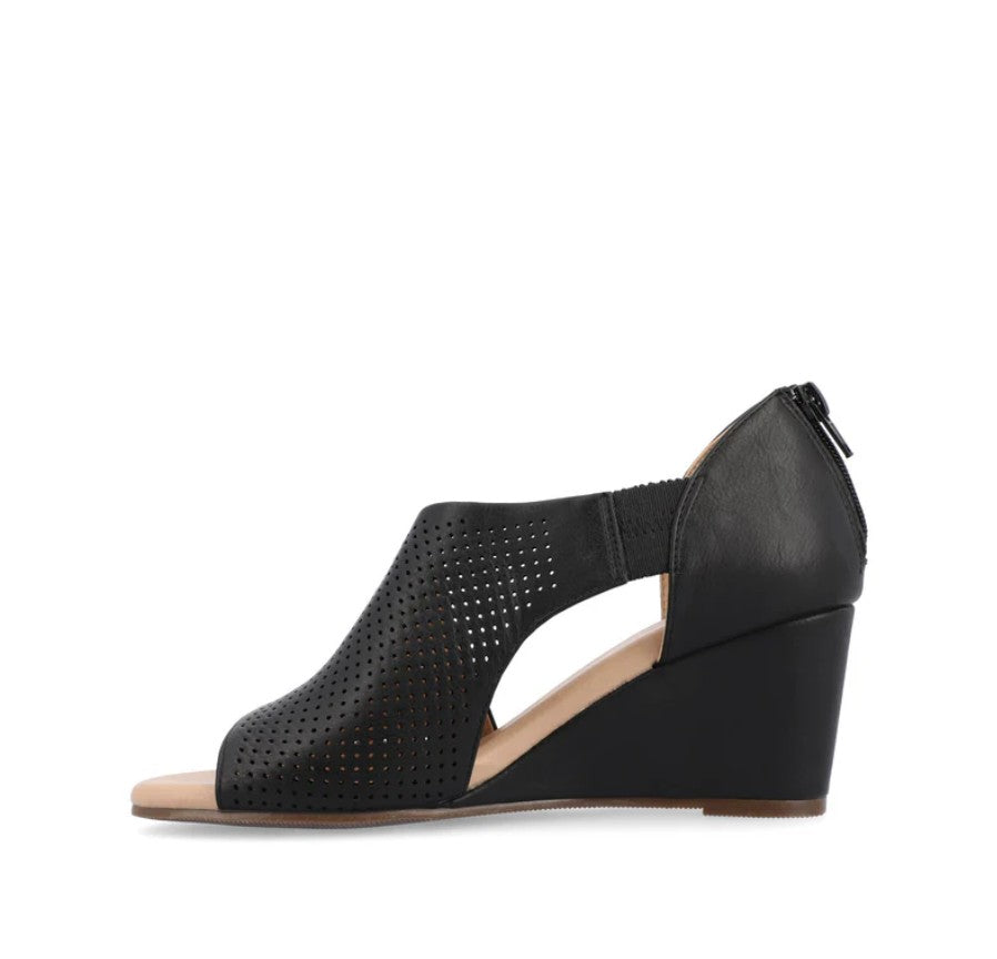 Journee Women's Size 8.5 Wide, Aretha Perforated Peep Toe Wedge Sandals, Black