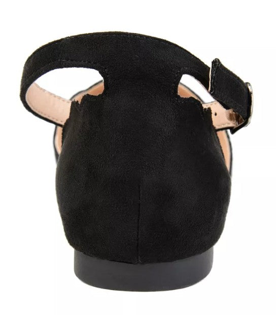 Journee Women's Size 11, Lana Scalloped Edge Ankle Strap Flats, Black Microsuede