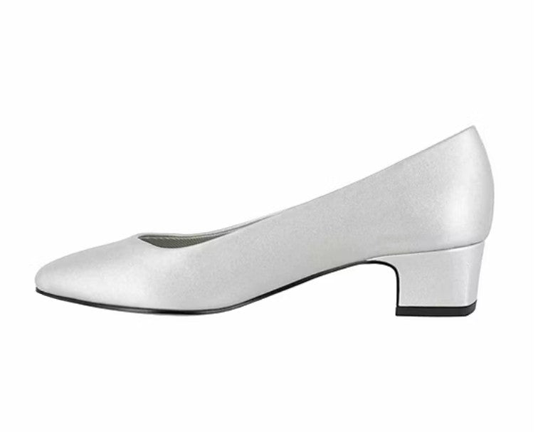 Easy Street Prim Women's Size 8, Pointed Toe Low Heel Pumps, Silver Satin