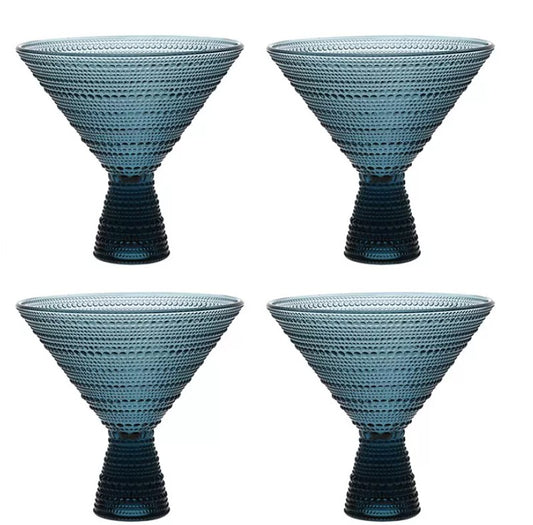 Fortessa Jupiter 11.5 oz Martini Glasses Set of 4 Beaded Design, Cornflower Blue