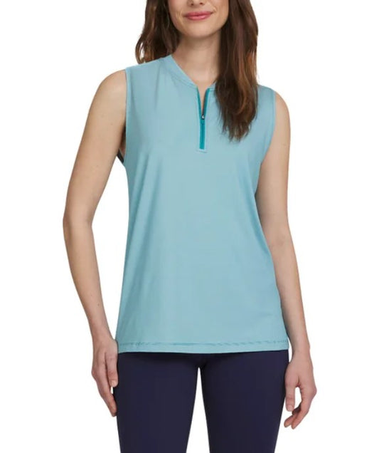 Lands' End Ladies' Size Large (14) Active Quarter Zip Sleeveless Polo, Blue