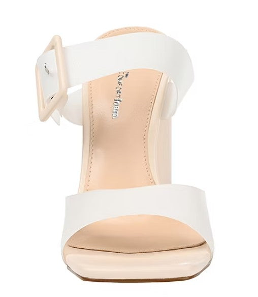 Journee Women's Size 8, Luca High Block Heel Vinyl Strap Sandals, Off White