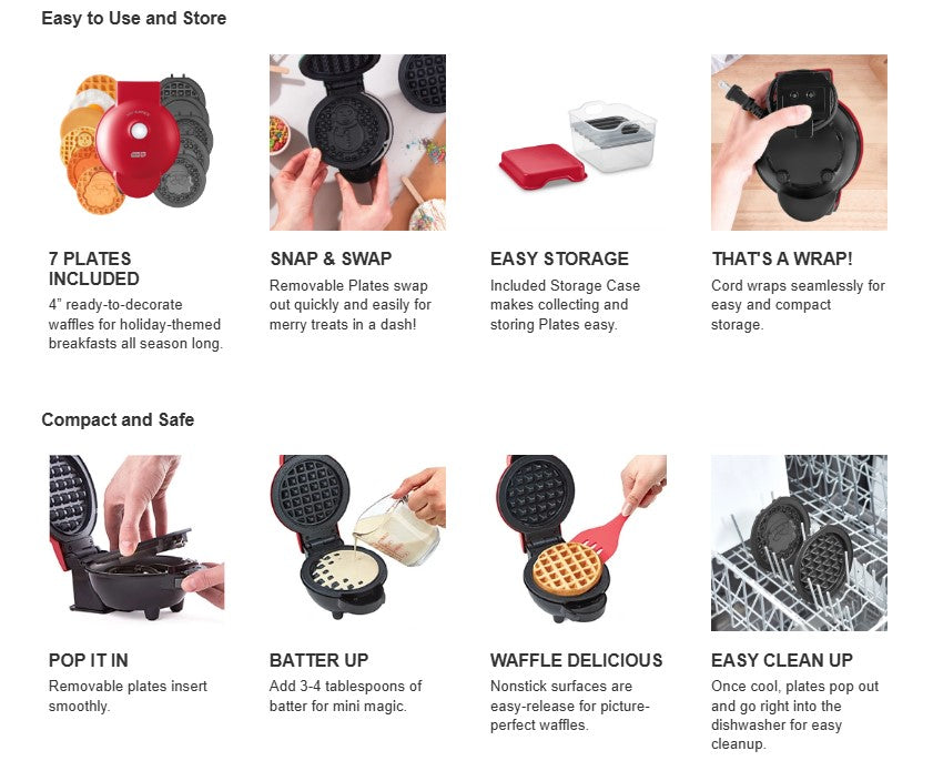 Dash MultiMaker Mini Waffle System with 7 Removable Plates and Storage Case