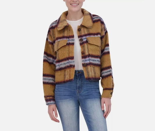 Vigoss Ladies' Size Large (8-10) Brushed Plaid Crop Jacket, Tan