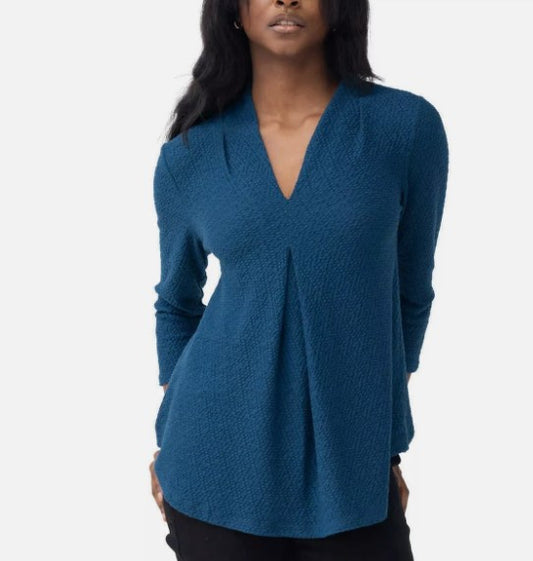 Cable & Gauge Textured Ladies' Size XS (0-2) V-Neck Top 3/4 Sleeve Blouse, Blue