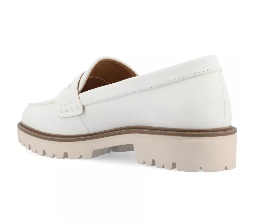 Journee Women's Size 6.5, Kenly Chunky Lug Sole Penny Loafer Shoes, White