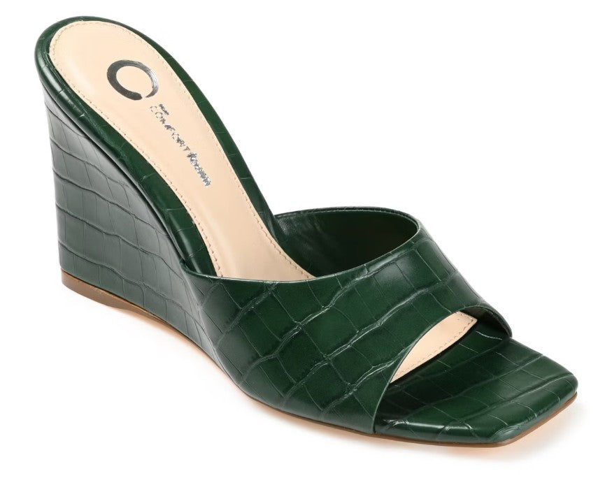Journee Collection Women Size 6, Vivvy Wedge Heel Sandals, Green Faux Croc