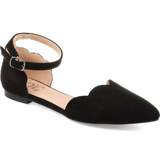 Journee Women's Size 11, Lana Scalloped Edge Ankle Strap Flats, Black Microsuede