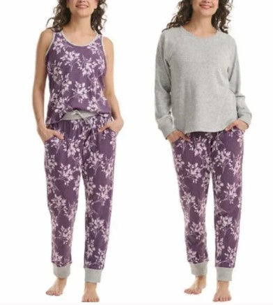 Live Love Lounge Ladies' Medium (8-10), 3-Pc Set PJs, Gray / Plum Floral