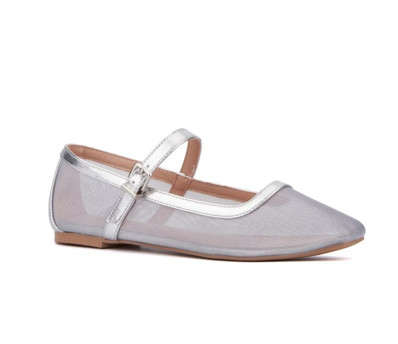 New York & Company Women's Size 7.5, Page 2 Maryjane Flat Shoes, Silver Mesh