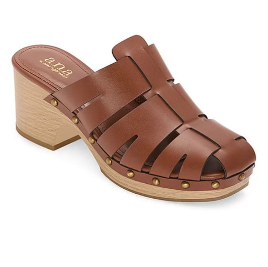 a.n.a Women's Size 8 M, Fernberg Low Block Heel Faux Leather Clogs, Cognac
