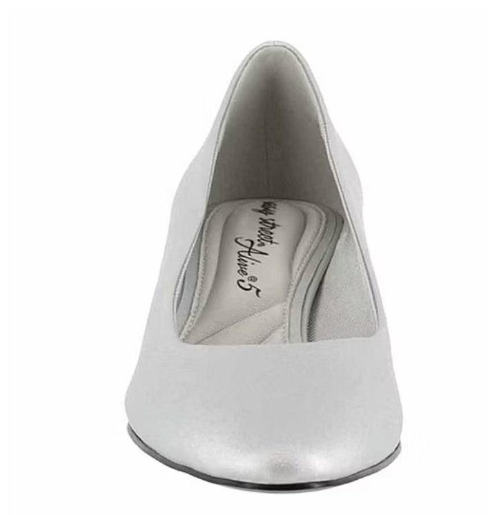 Easy Street Prim Women's Size 8, Pointed Toe Low Heel Pumps, Silver Satin